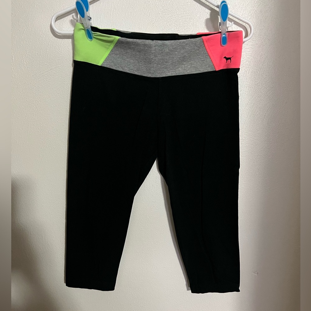 PINK Victoria's Secret Black Capris with Neon Pink & Lime Waistband